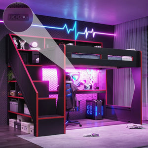 English Elm Full Size Gaming Loft Bed with LED Desk USB Charging Storage Stairs Headboard Shelves Full Black+Red MDF,Pine,Plywood W5316S00062