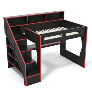 English Elm Full Size Gaming Loft Bed with LED Desk USB Charging Storage Stairs Headboard Shelves Full Black+Red MDF,Pine,Plywood W5316S00062
