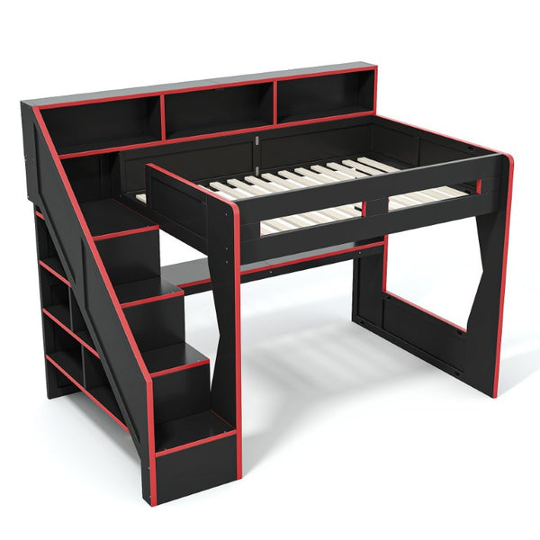 English Elm Full Size Gaming Loft Bed with LED Desk USB Charging Storage Stairs Headboard Shelves Full Black+Red MDF,Pine,Plywood W5316S00062