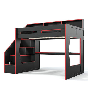 English Elm Full Size Gaming Loft Bed with LED Desk USB Charging Storage Stairs Headboard Shelves Full Black+Red MDF,Pine,Plywood W5316S00062