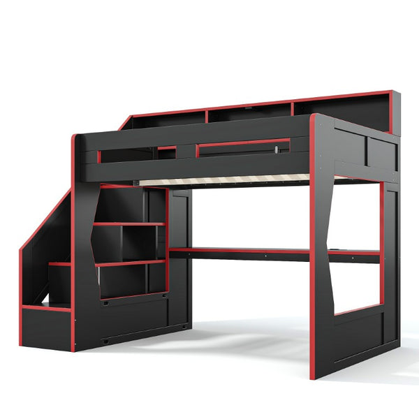 English Elm Full Size Gaming Loft Bed with LED Desk USB Charging Storage Stairs Headboard Shelves Full Black+Red MDF,Pine,Plywood W5316S00062