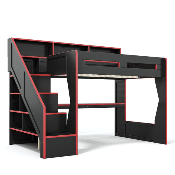 English Elm Full Size Gaming Loft Bed with LED Desk USB Charging Storage Stairs Headboard Shelves Full Black+Red MDF,Pine,Plywood W5316S00062