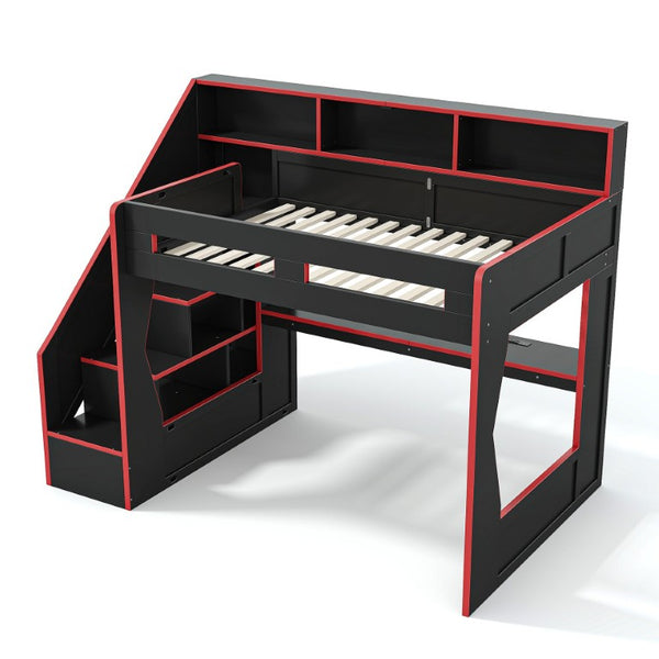 English Elm Full Size Gaming Loft Bed with LED Desk USB Charging Storage Stairs Headboard Shelves Full Black+Red MDF,Pine,Plywood W5316S00062