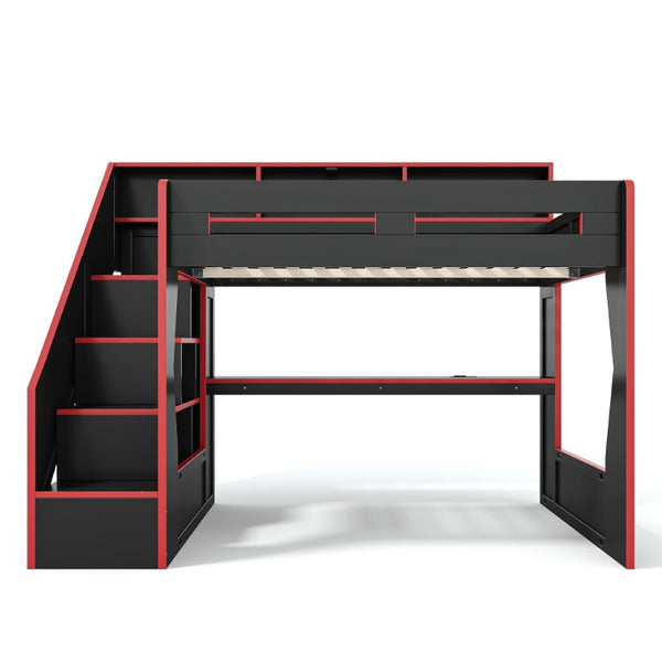 English Elm Full Size Gaming Loft Bed with LED Desk USB Charging Storage Stairs Headboard Shelves Full Black+Red MDF,Pine,Plywood W5316S00062