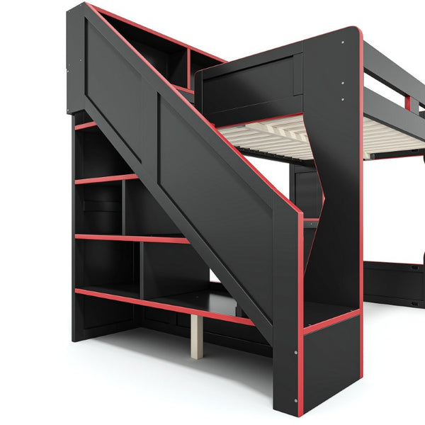 English Elm Full Size Gaming Loft Bed with LED Desk USB Charging Storage Stairs Headboard Shelves Full Black+Red MDF,Pine,Plywood W5316S00062