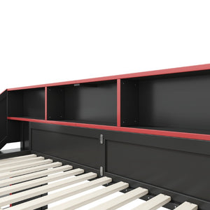 English Elm Full Size Gaming Loft Bed with LED Desk USB Charging Storage Stairs Headboard Shelves Full Black+Red MDF,Pine,Plywood W5316S00062