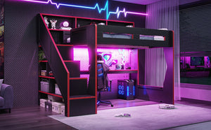 English Elm Full Size Gaming Loft Bed with LED Desk USB Charging Storage Stairs Headboard Shelves Full Black+Red MDF,Pine,Plywood W5316S00062