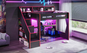 English Elm Full Size Gaming Loft Bed with LED Desk USB Charging Storage Stairs Headboard Shelves Full Black+Red MDF,Pine,Plywood W5316S00062