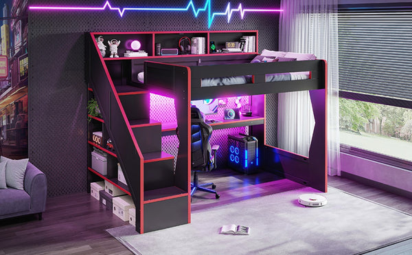 English Elm Full Size Gaming Loft Bed with LED Desk USB Charging Storage Stairs Headboard Shelves Full Black+Red MDF,Pine,Plywood W5316S00062