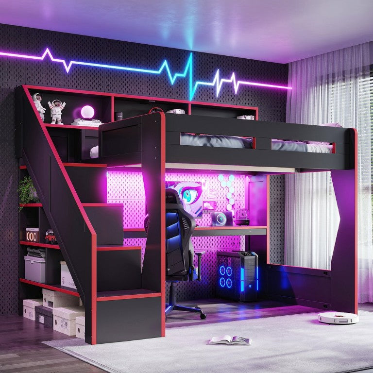 English Elm Full Size Gaming Loft Bed with LED Desk USB Charging Storage Stairs Headboard Shelves Full Black+Red MDF,Pine,Plywood W5316S00062