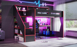 English Elm Full Size Gaming Loft Bed with LED Desk USB Charging Storage Stairs Headboard Shelves Full Black+Red MDF,Pine,Plywood W5316S00062