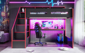 English Elm Full Size Gaming Loft Bed with LED Desk USB Charging Storage Stairs Headboard Shelves Full Black+Red MDF,Pine,Plywood W5316S00062