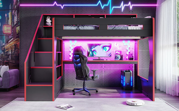 English Elm Full Size Gaming Loft Bed with LED Desk USB Charging Storage Stairs Headboard Shelves Full Black+Red MDF,Pine,Plywood W5316S00062