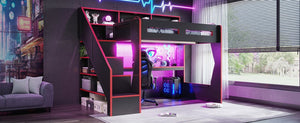 English Elm Full Size Gaming Loft Bed with LED Desk USB Charging Storage Stairs Headboard Shelves Full Black+Red MDF,Pine,Plywood W5316S00062