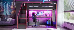 English Elm Full Size Gaming Loft Bed with LED Desk USB Charging Storage Stairs Headboard Shelves Full Black+Red MDF,Pine,Plywood W5316S00062