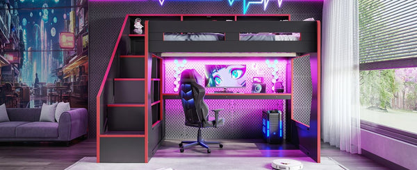 English Elm Full Size Gaming Loft Bed with LED Desk USB Charging Storage Stairs Headboard Shelves Full Black+Red MDF,Pine,Plywood W5316S00062