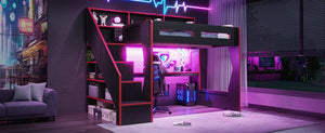 English Elm Full Size Gaming Loft Bed with LED Desk USB Charging Storage Stairs Headboard Shelves Full Black+Red MDF,Pine,Plywood W5316S00062