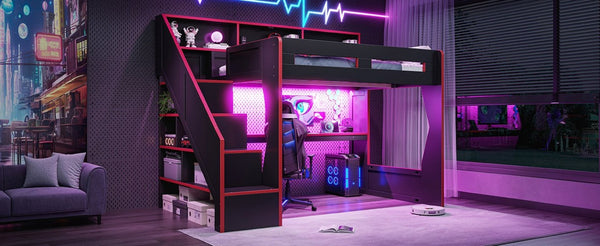 English Elm Full Size Gaming Loft Bed with LED Desk USB Charging Storage Stairs Headboard Shelves Full Black+Red MDF,Pine,Plywood W5316S00062