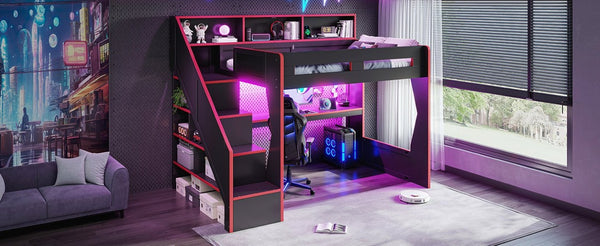 English Elm Full Size Gaming Loft Bed with LED Desk USB Charging Storage Stairs Headboard Shelves Full Black+Red MDF,Pine,Plywood W5316S00062