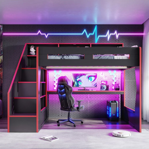 English Elm Full Size Gaming Loft Bed with LED Desk USB Charging Storage Stairs Headboard Shelves Full Black+Red MDF,Pine,Plywood W5316S00062