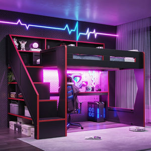 English Elm Full Size Gaming Loft Bed with LED Desk USB Charging Storage Stairs Headboard Shelves Full Black+Red MDF,Pine,Plywood W5316S00062