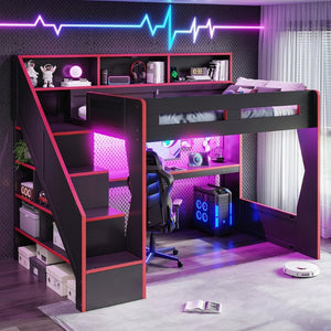 English Elm Full Size Gaming Loft Bed with LED Desk USB Charging Storage Stairs Headboard Shelves Full Black+Red MDF,Pine,Plywood W5316S00062