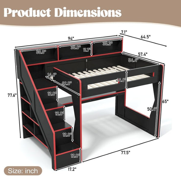 English Elm Full Size Gaming Loft Bed with LED Desk USB Charging Storage Stairs Headboard Shelves Full Black+Red MDF,Pine,Plywood W5316S00062