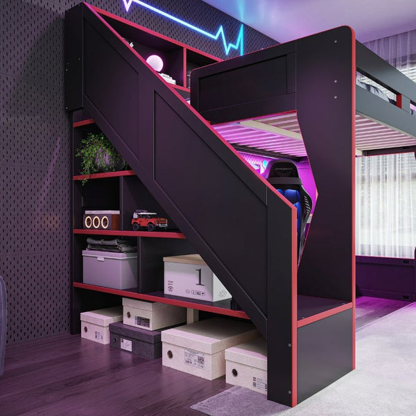 English Elm Full Size Gaming Loft Bed with LED Desk USB Charging Storage Stairs Headboard Shelves Full Black+Red MDF,Pine,Plywood W5316S00062