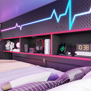 English Elm Full Size Gaming Loft Bed with LED Desk USB Charging Storage Stairs Headboard Shelves Full Black+Red MDF,Pine,Plywood W5316S00062