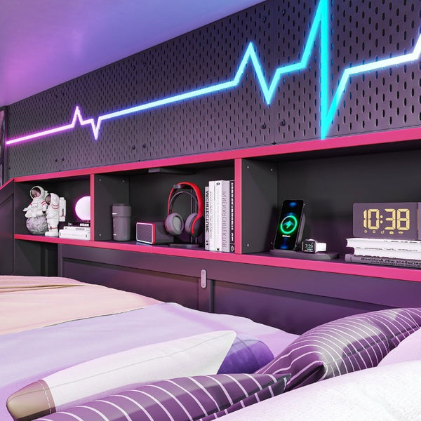 English Elm Full Size Gaming Loft Bed with LED Desk USB Charging Storage Stairs Headboard Shelves Full Black+Red MDF,Pine,Plywood W5316S00062