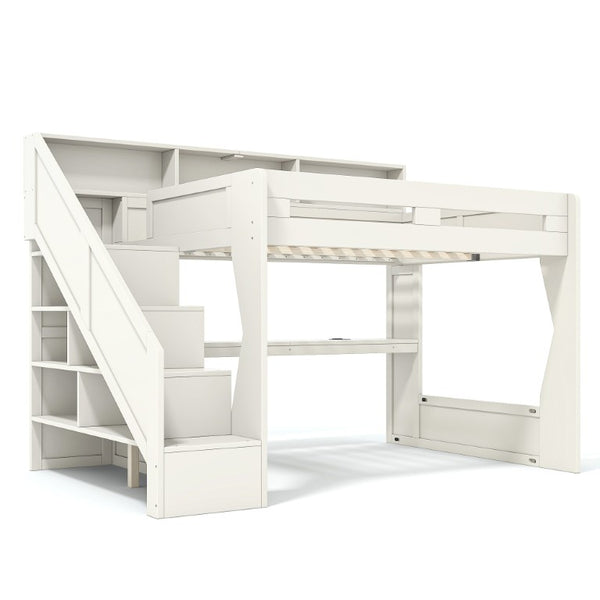 English Elm Full Size Gaming Loft Bed with LED Desk USB Charging Storage Stairs Headboard Shelves Queen Beige MDF,Pine,Plywood W5316S00063