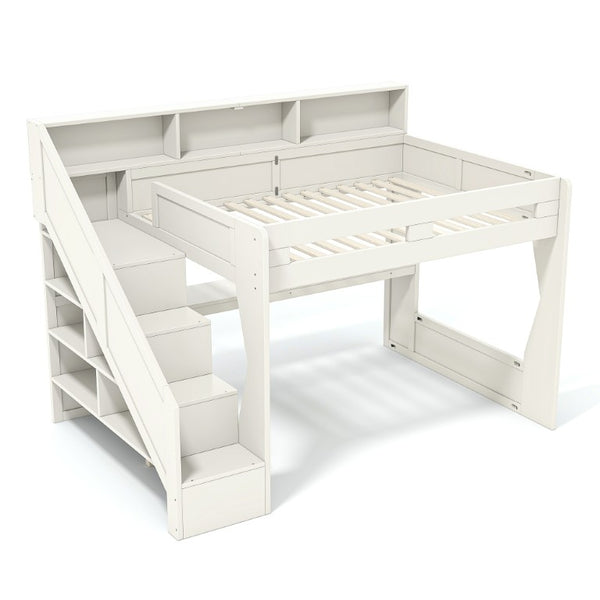 English Elm Full Size Gaming Loft Bed with LED Desk USB Charging Storage Stairs Headboard Shelves Queen Beige MDF,Pine,Plywood W5316S00063