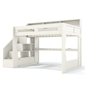 English Elm Full Size Gaming Loft Bed with LED Desk USB Charging Storage Stairs Headboard Shelves Queen Beige MDF,Pine,Plywood W5316S00063