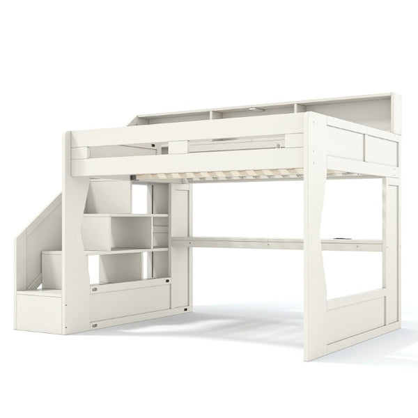English Elm Full Size Gaming Loft Bed with LED Desk USB Charging Storage Stairs Headboard Shelves Queen Beige MDF,Pine,Plywood W5316S00063