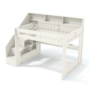 English Elm Full Size Gaming Loft Bed with LED Desk USB Charging Storage Stairs Headboard Shelves Queen Beige MDF,Pine,Plywood W5316S00063