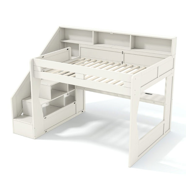 English Elm Full Size Gaming Loft Bed with LED Desk USB Charging Storage Stairs Headboard Shelves Queen Beige MDF,Pine,Plywood W5316S00063