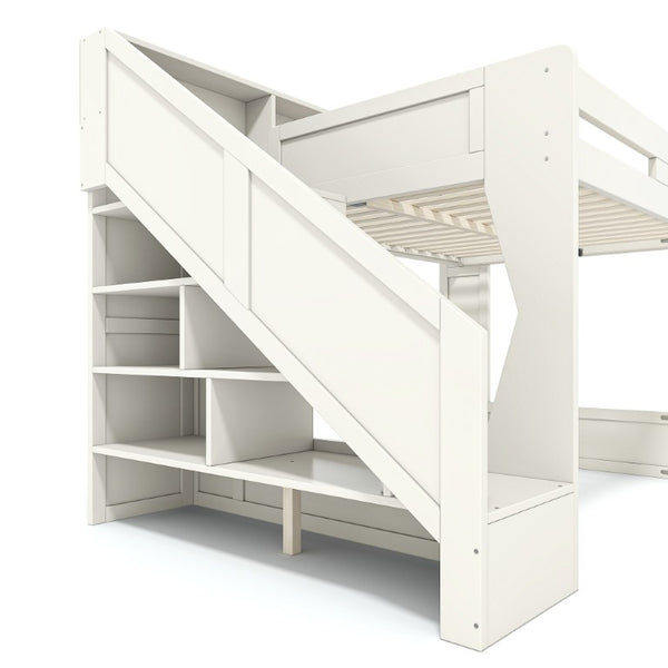 English Elm Full Size Gaming Loft Bed with LED Desk USB Charging Storage Stairs Headboard Shelves Queen Beige MDF,Pine,Plywood W5316S00063