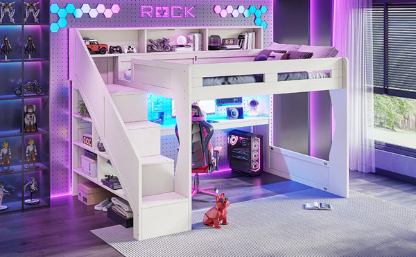English Elm Full Size Gaming Loft Bed with LED Desk USB Charging Storage Stairs Headboard Shelves Queen Beige MDF,Pine,Plywood W5316S00063