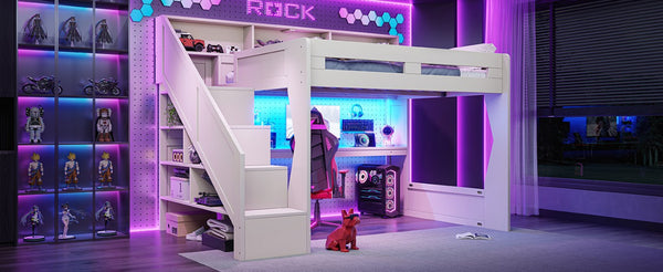 English Elm Full Size Gaming Loft Bed with LED Desk USB Charging Storage Stairs Headboard Shelves Queen Beige MDF,Pine,Plywood W5316S00063