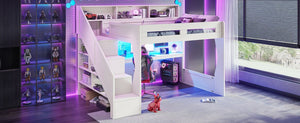 English Elm Full Size Gaming Loft Bed with LED Desk USB Charging Storage Stairs Headboard Shelves Queen Beige MDF,Pine,Plywood W5316S00063
