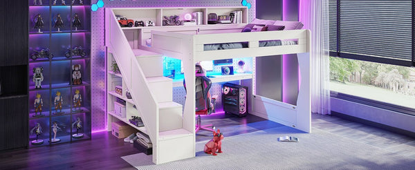English Elm Full Size Gaming Loft Bed with LED Desk USB Charging Storage Stairs Headboard Shelves Queen Beige MDF,Pine,Plywood W5316S00063