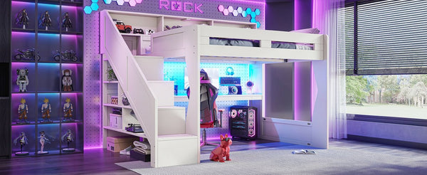 English Elm Full Size Gaming Loft Bed with LED Desk USB Charging Storage Stairs Headboard Shelves Queen Beige MDF,Pine,Plywood W5316S00063