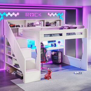 English Elm Full Size Gaming Loft Bed with LED Desk USB Charging Storage Stairs Headboard Shelves Queen Beige MDF,Pine,Plywood W5316S00063