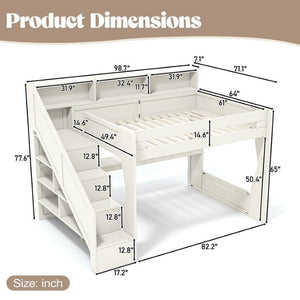 English Elm Full Size Gaming Loft Bed with LED Desk USB Charging Storage Stairs Headboard Shelves Queen Beige MDF,Pine,Plywood W5316S00063