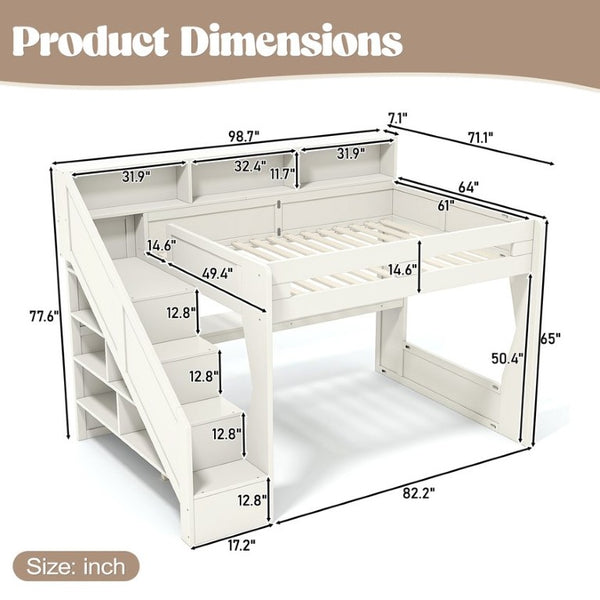 English Elm Full Size Gaming Loft Bed with LED Desk USB Charging Storage Stairs Headboard Shelves Queen Beige MDF,Pine,Plywood W5316S00063