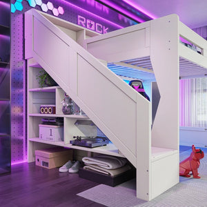 English Elm Full Size Gaming Loft Bed with LED Desk USB Charging Storage Stairs Headboard Shelves Queen Beige MDF,Pine,Plywood W5316S00063