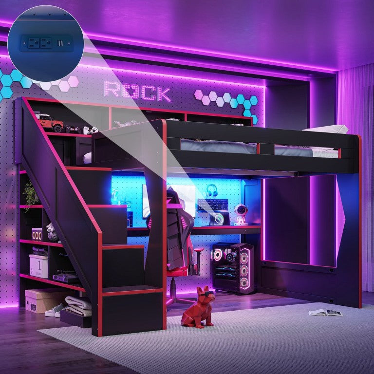 English Elm Queen Loft Bed Gaming Workstation with LED Lighting USB Ports and Storage Stairs W5316S00064