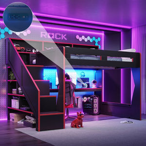 English Elm Queen Loft Bed Gaming Workstation with LED Lighting USB Ports and Storage Stairs W5316S00064