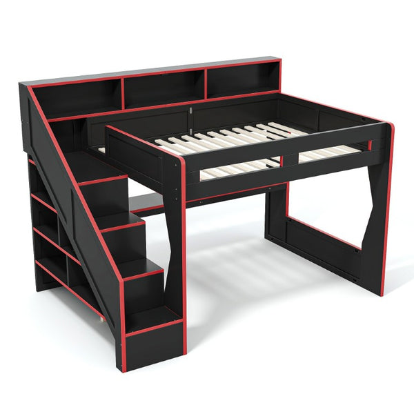 English Elm Queen Loft Bed Gaming Workstation with LED Lighting USB Ports and Storage Stairs W5316S00064