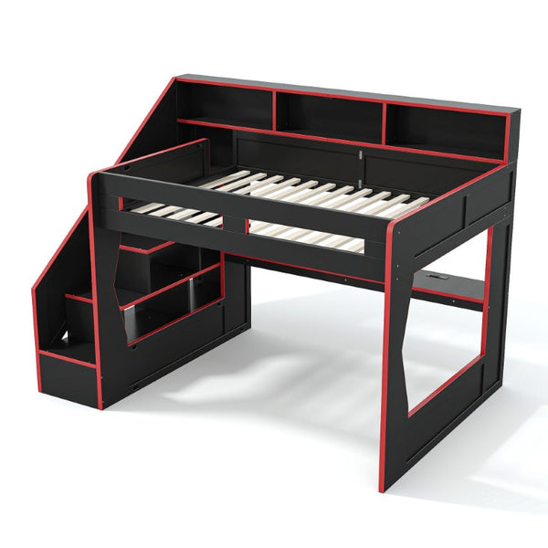 English Elm Queen Loft Bed Gaming Workstation with LED Lighting USB Ports and Storage Stairs W5316S00064
